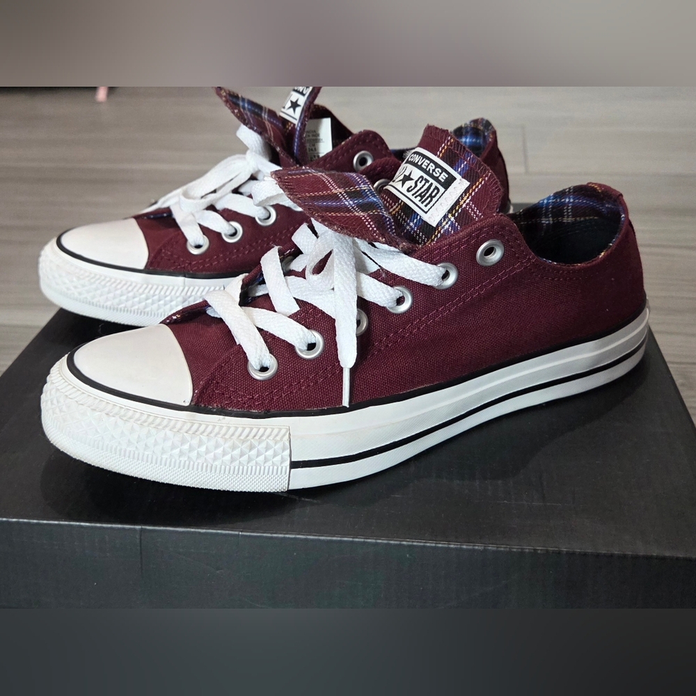 Converse Low Top Sneakers - Burgundy with White Accents and Plaid Lining